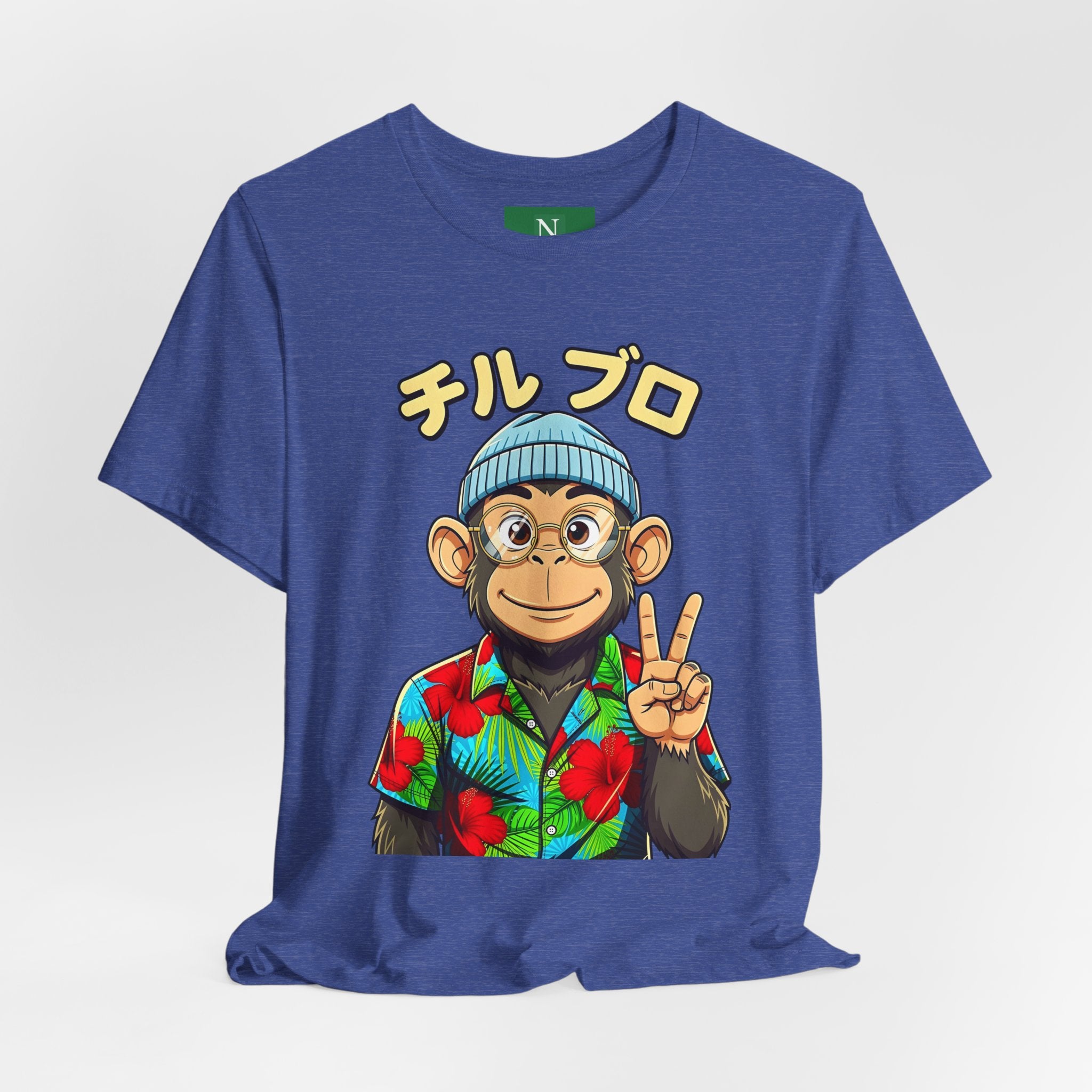 Monkey Peace Sign Tee — Hawaiian Shirt Chimp Graphic with Japanese Text