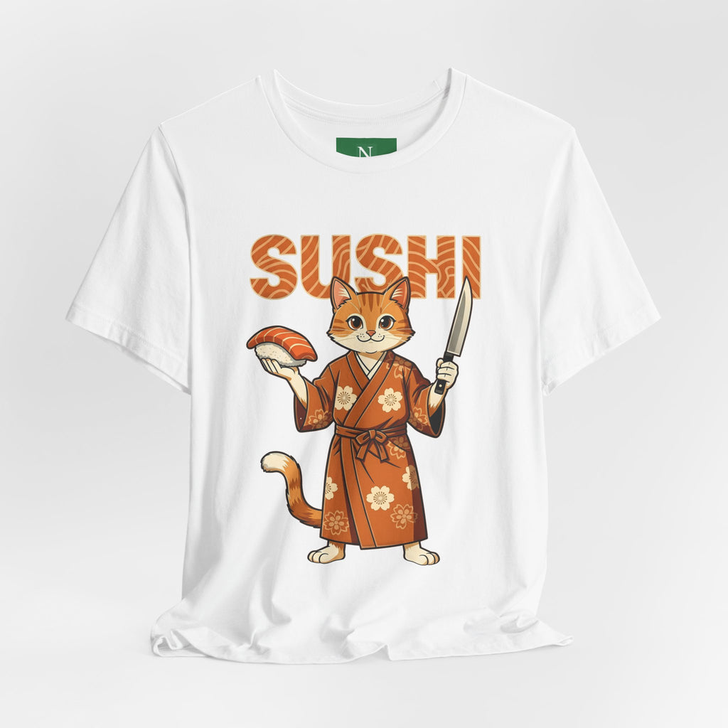 Sushi Cat Graphic Tee — Cute Samurai Cat Holding Sushi & Knife