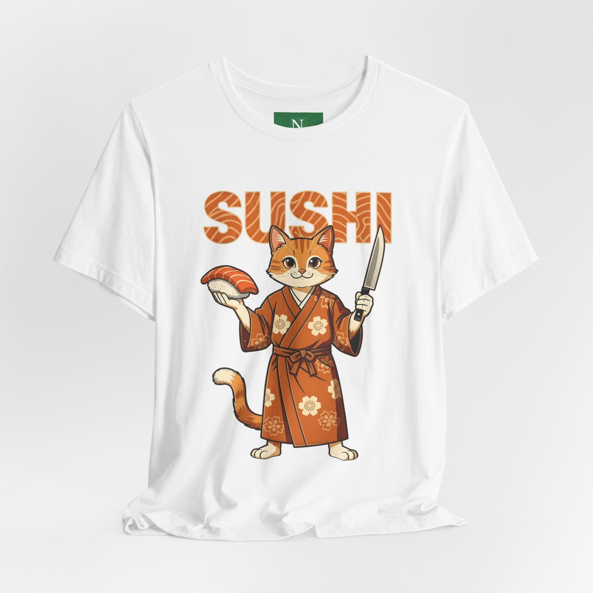Sushi Cat Graphic Tee — Cute Samurai Cat Holding Sushi & Knife