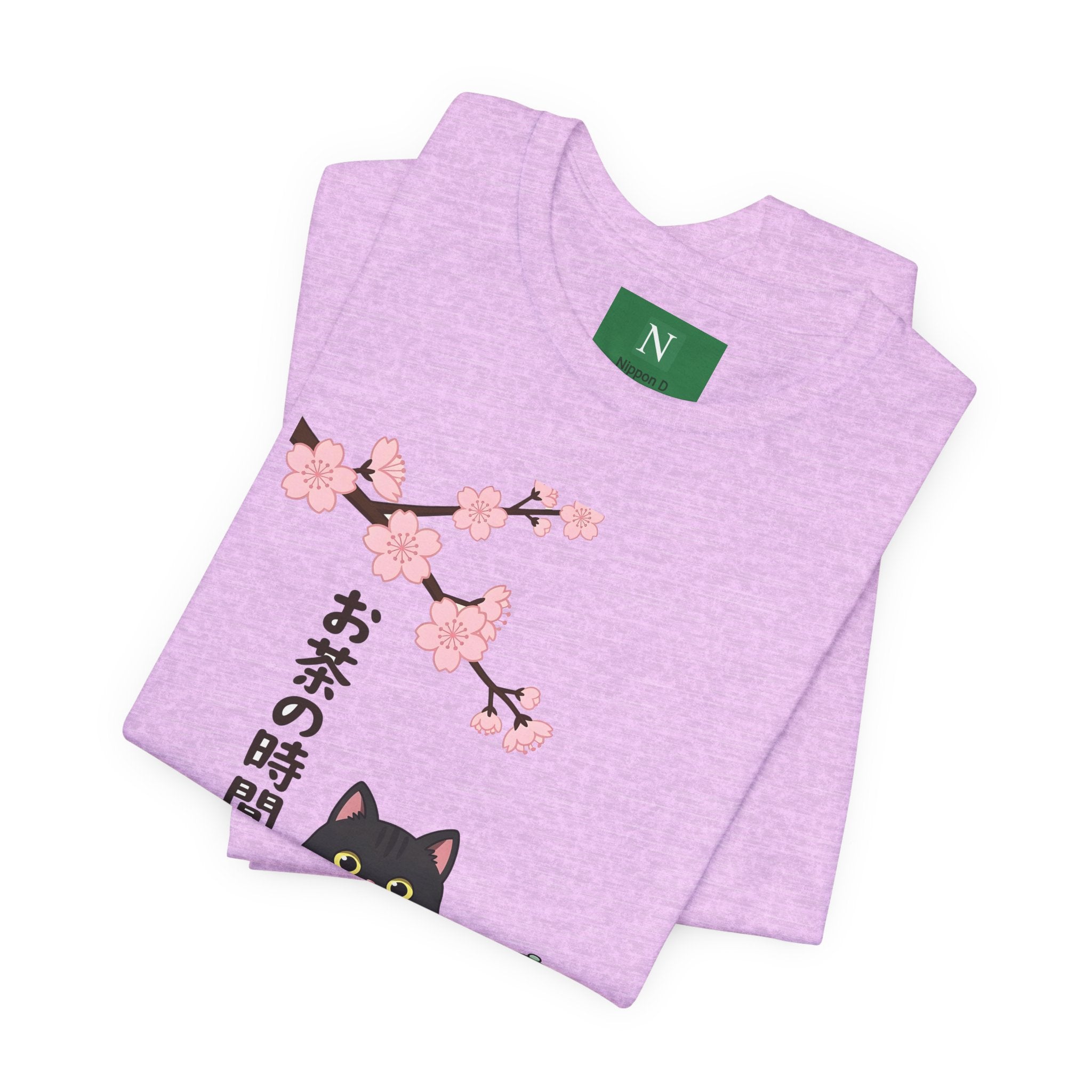 Cat Tea Time T-Shirt — Kawaii Black Cat with Sakura and Teapot