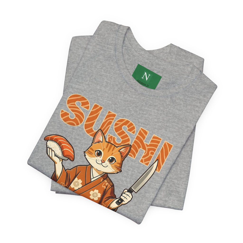 Sushi Cat Graphic Tee — Cute Samurai Cat Holding Sushi & Knife