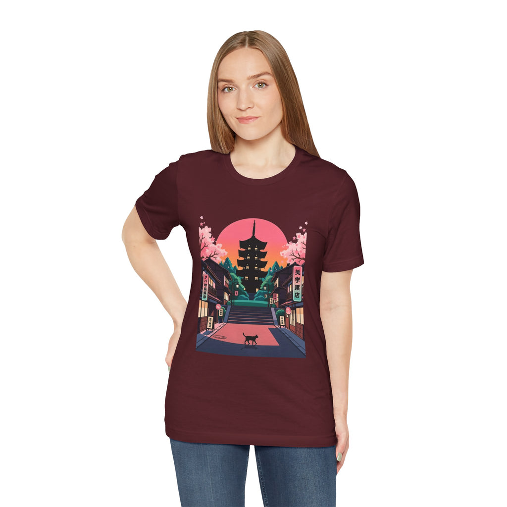 Japanese Pagoda Sunset Tee — Sakura Street Cat Graphic T-Shirt