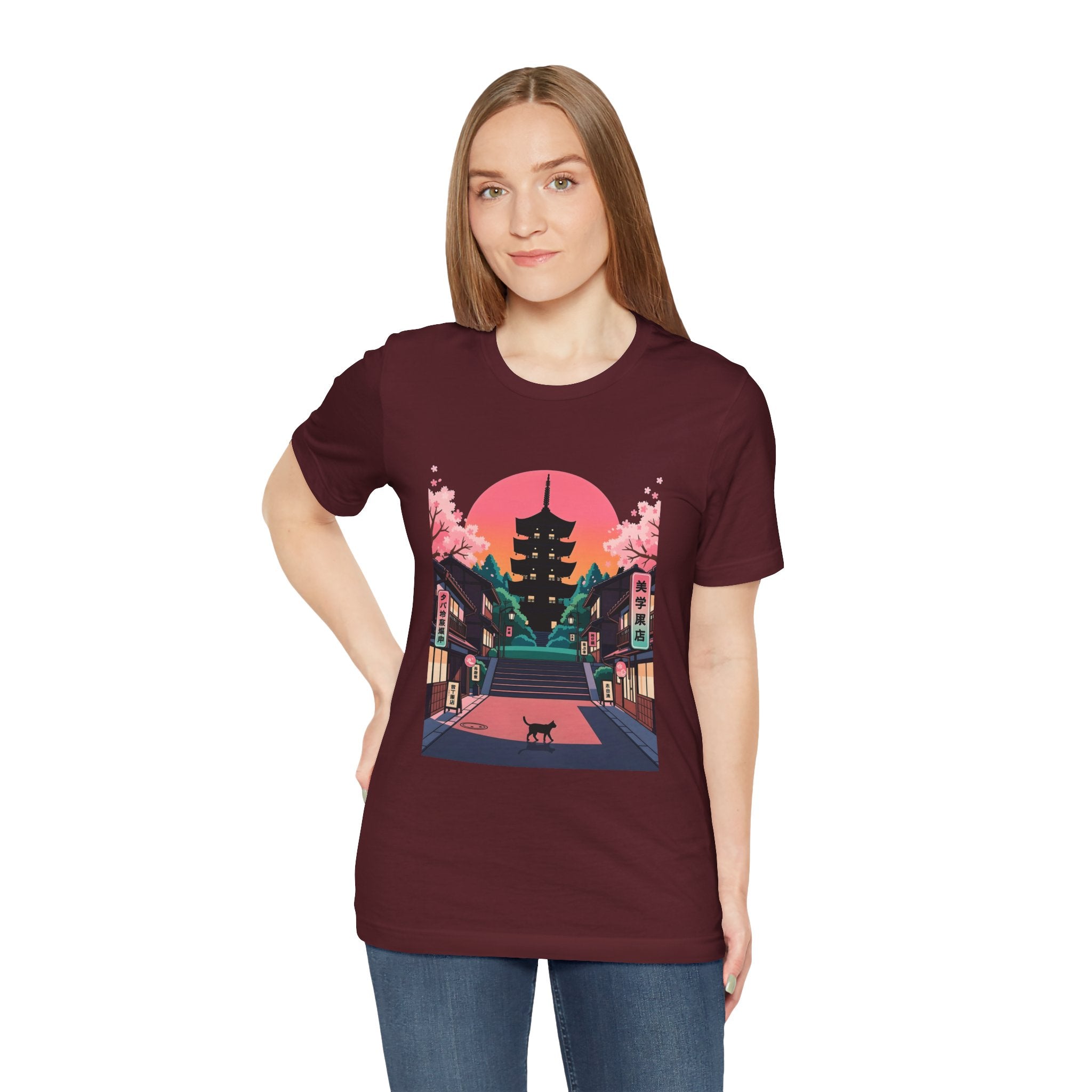 Japanese Pagoda Sunset Tee — Sakura Street Cat Graphic T-Shirt