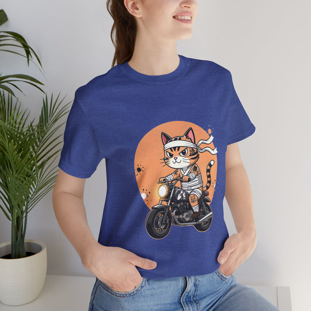 Retro Biker Cat T‑Shirt — Cute Motorcycle Cat Graphic Tee