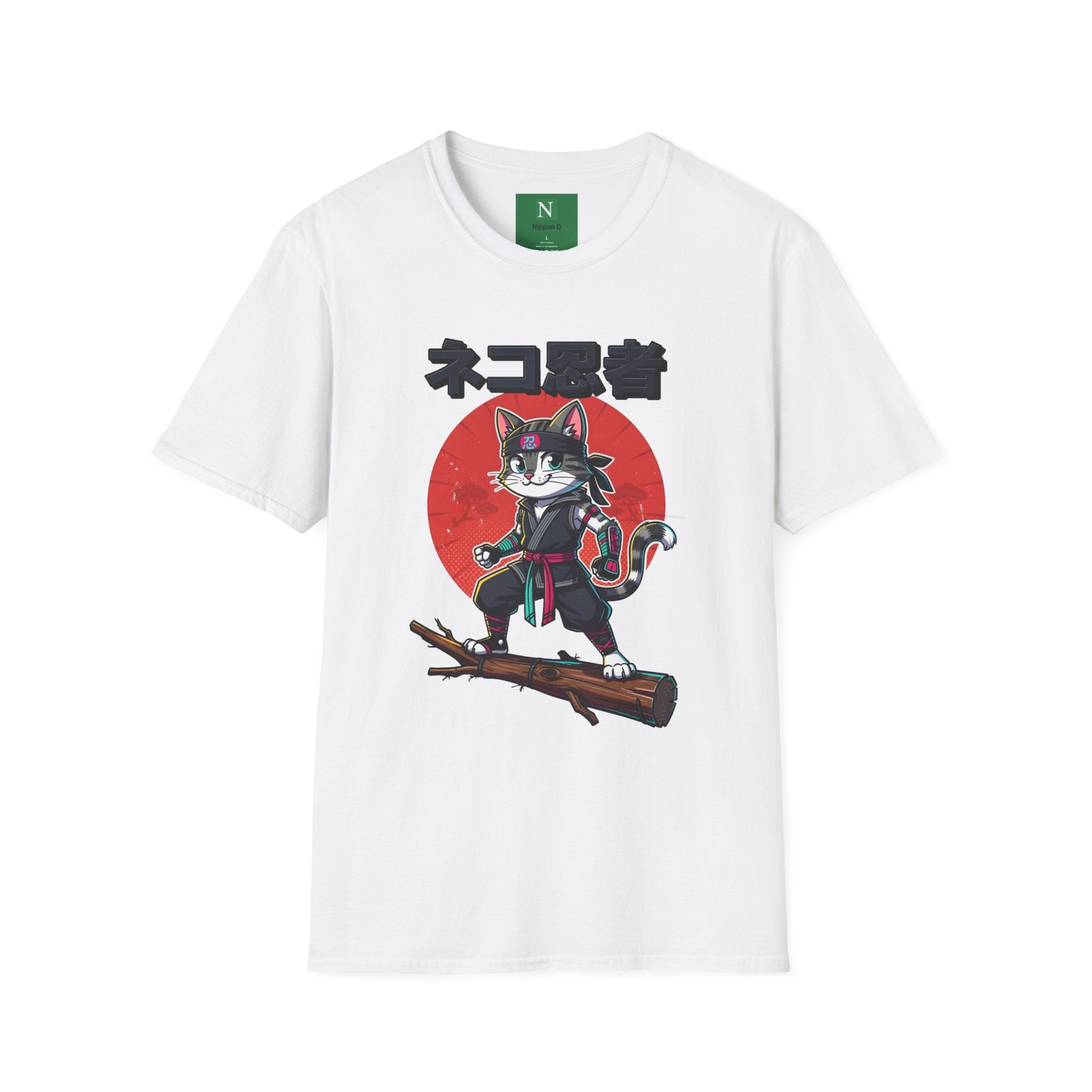 Neko Ronin Cat T-Shirt – Samurai Cat with Red Sun Japanese Text