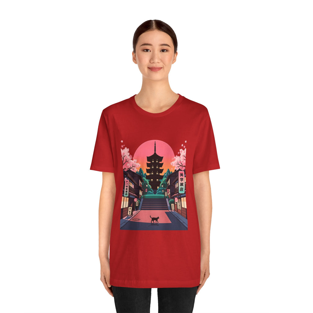 Japanese Pagoda Sunset Tee — Sakura Street Cat Graphic T-Shirt