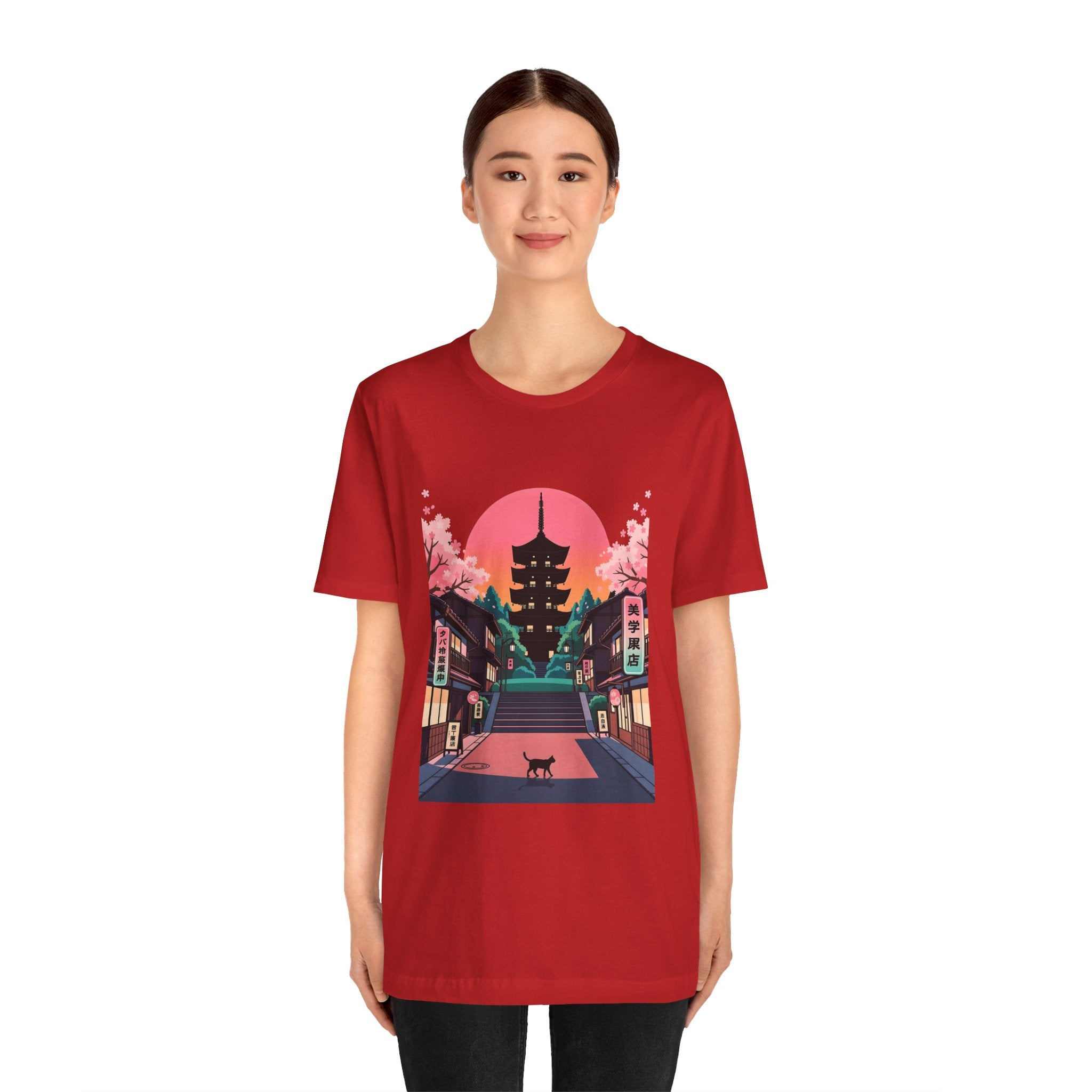 Japanese Pagoda Sunset Tee — Sakura Street Cat Graphic T-Shirt