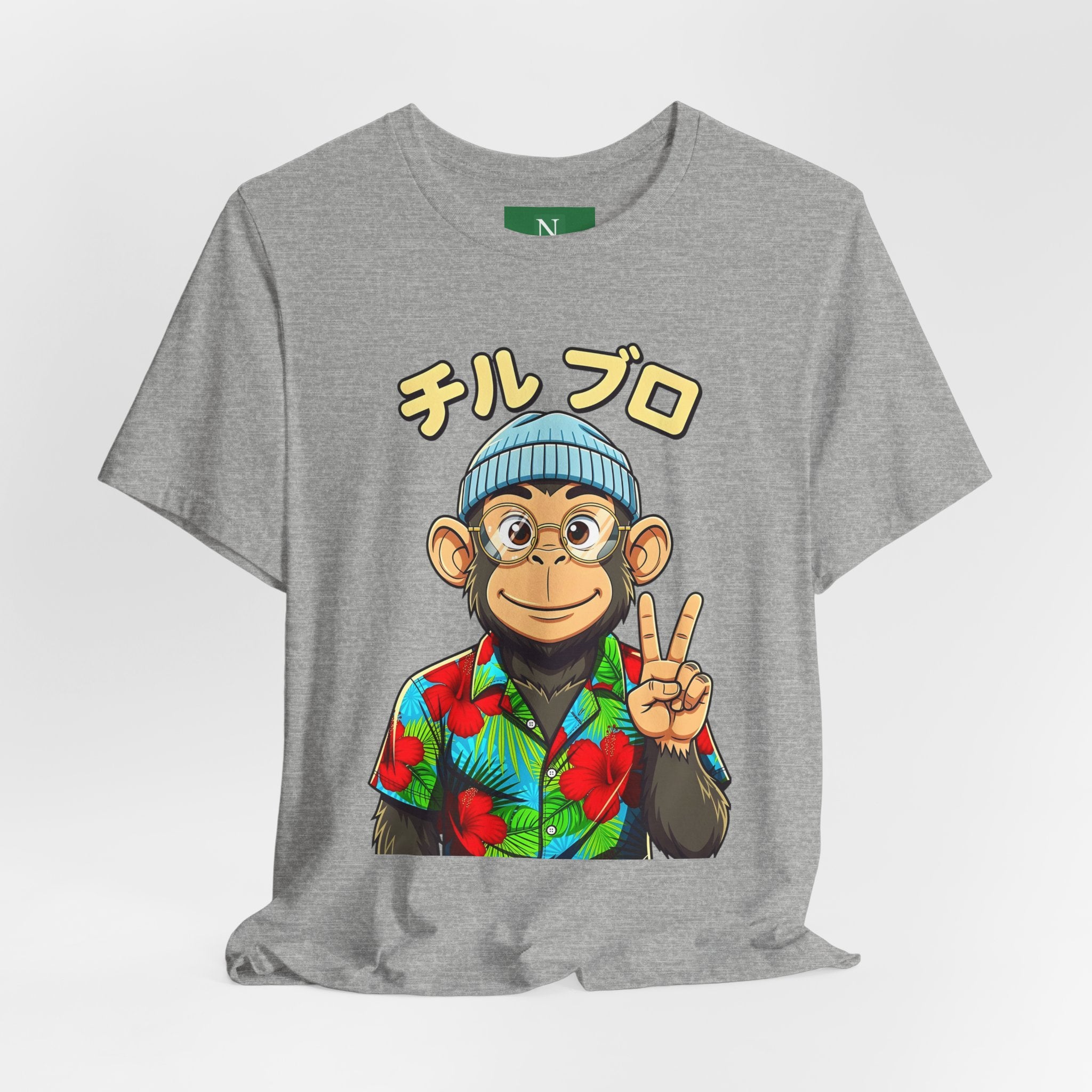 Monkey Peace Sign Tee — Hawaiian Shirt Chimp Graphic with Japanese Text