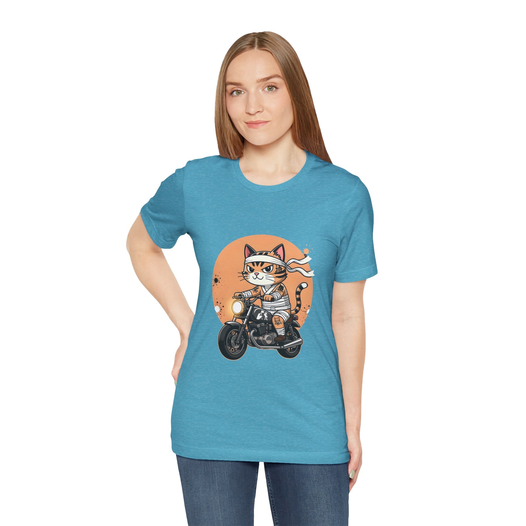 Retro Biker Cat T‑Shirt — Cute Motorcycle Cat Graphic Tee