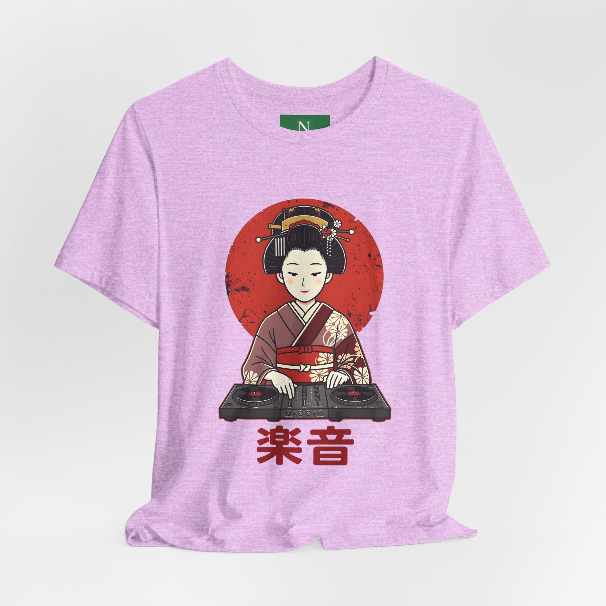Geisha DJ T-Shirt — Japanese Vinyl Turntable Tee with '楽音' (Music) Design