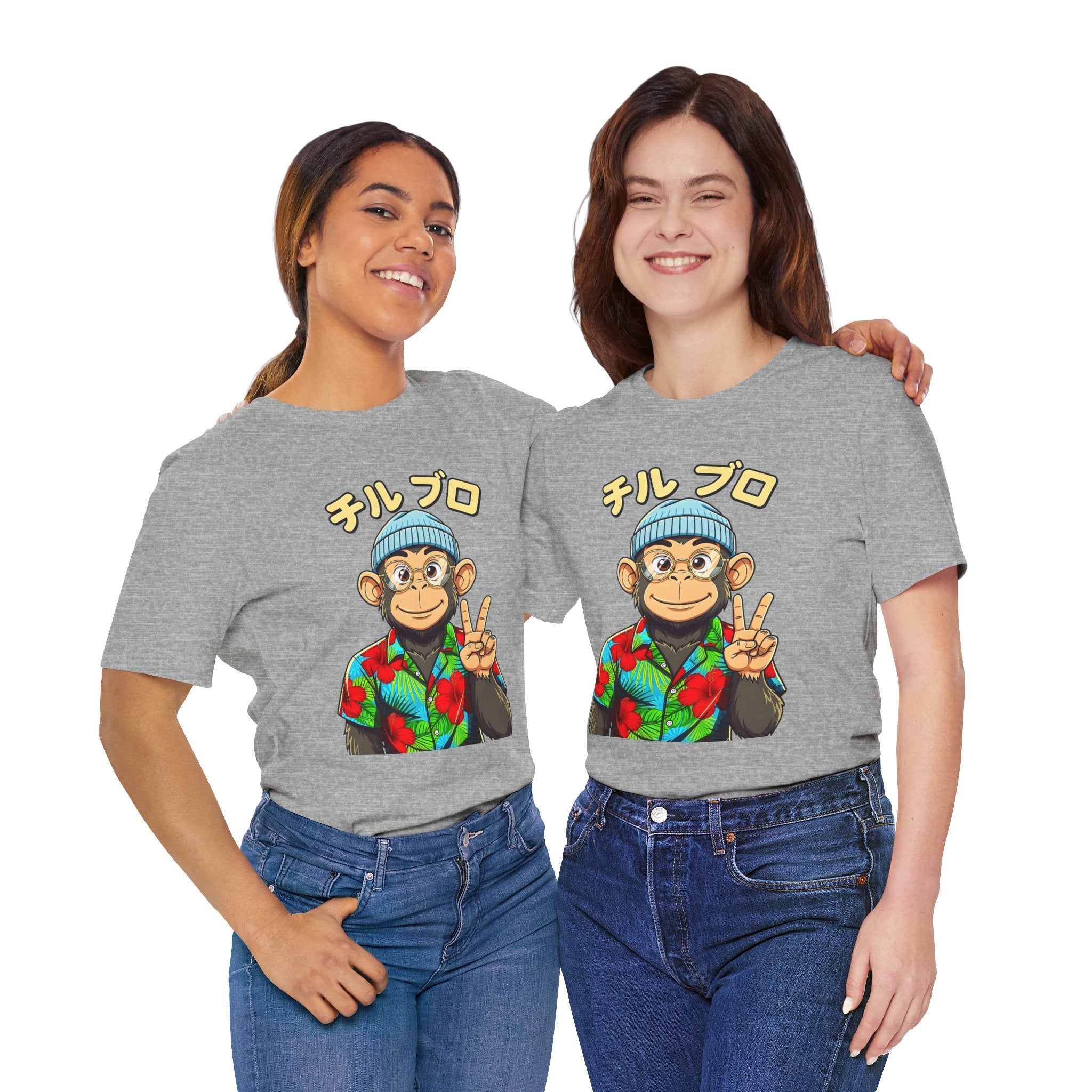 Monkey Peace Sign Tee — Hawaiian Shirt Chimp Graphic with Japanese Text