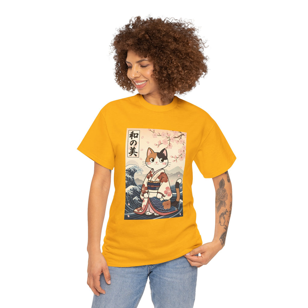 Cat Ukiyo-e T-Shirt — Vintage Japanese Kimono Cat with Cherry Blossoms