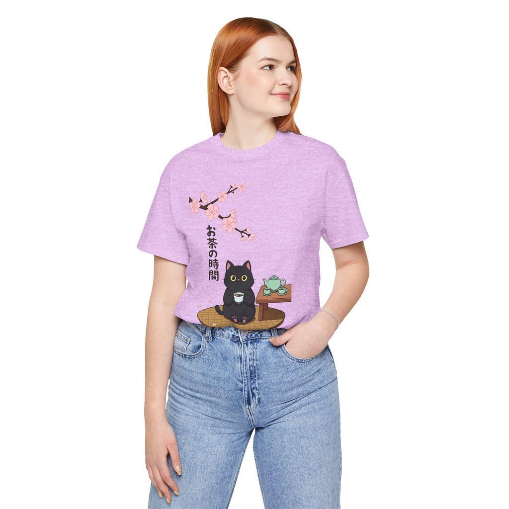 Cat Tea Time T-Shirt — Kawaii Black Cat with Sakura and Teapot