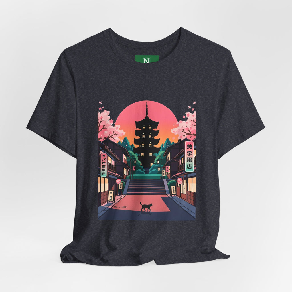 Japanese Pagoda Sunset Tee — Sakura Street Cat Graphic T-Shirt