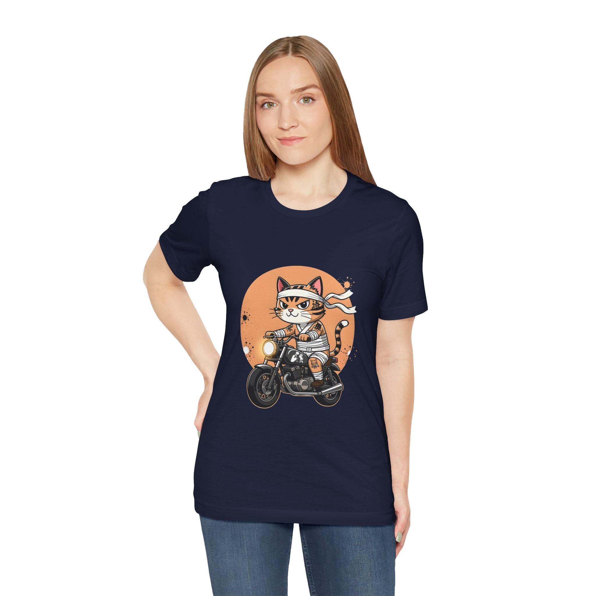 Retro Biker Cat T‑Shirt — Cute Motorcycle Cat Graphic Tee
