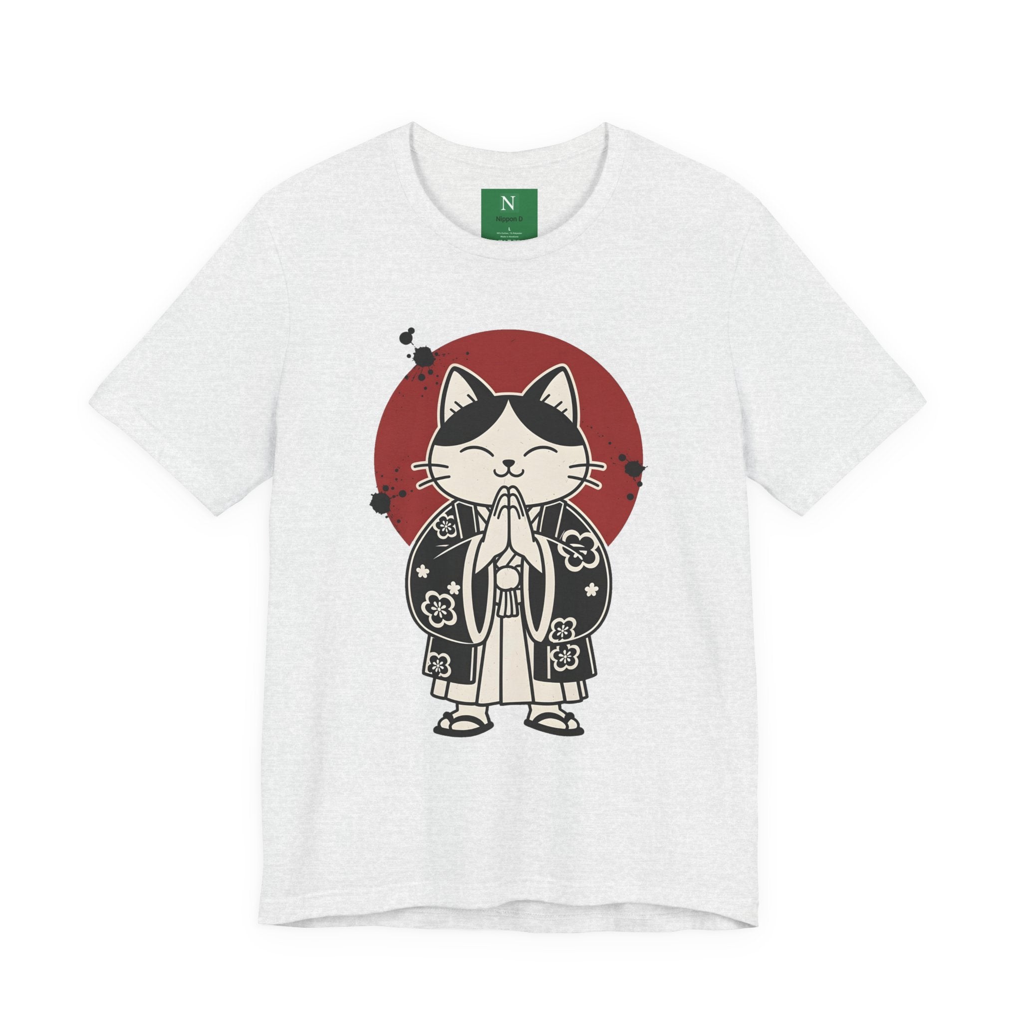 Samurai Cat T‑Shirt — Cute Praying Cat with Red Sun Graphic