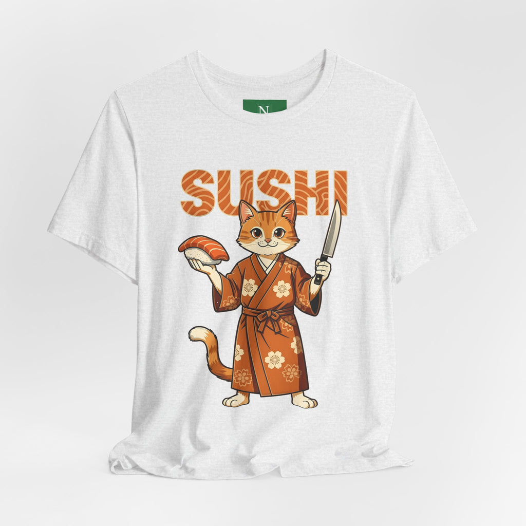 Sushi Cat Graphic Tee — Cute Samurai Cat Holding Sushi & Knife