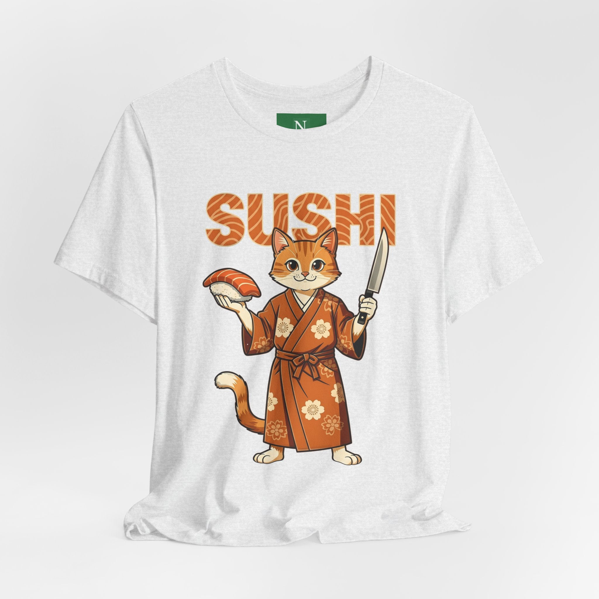 Sushi Cat Graphic Tee — Cute Samurai Cat Holding Sushi & Knife