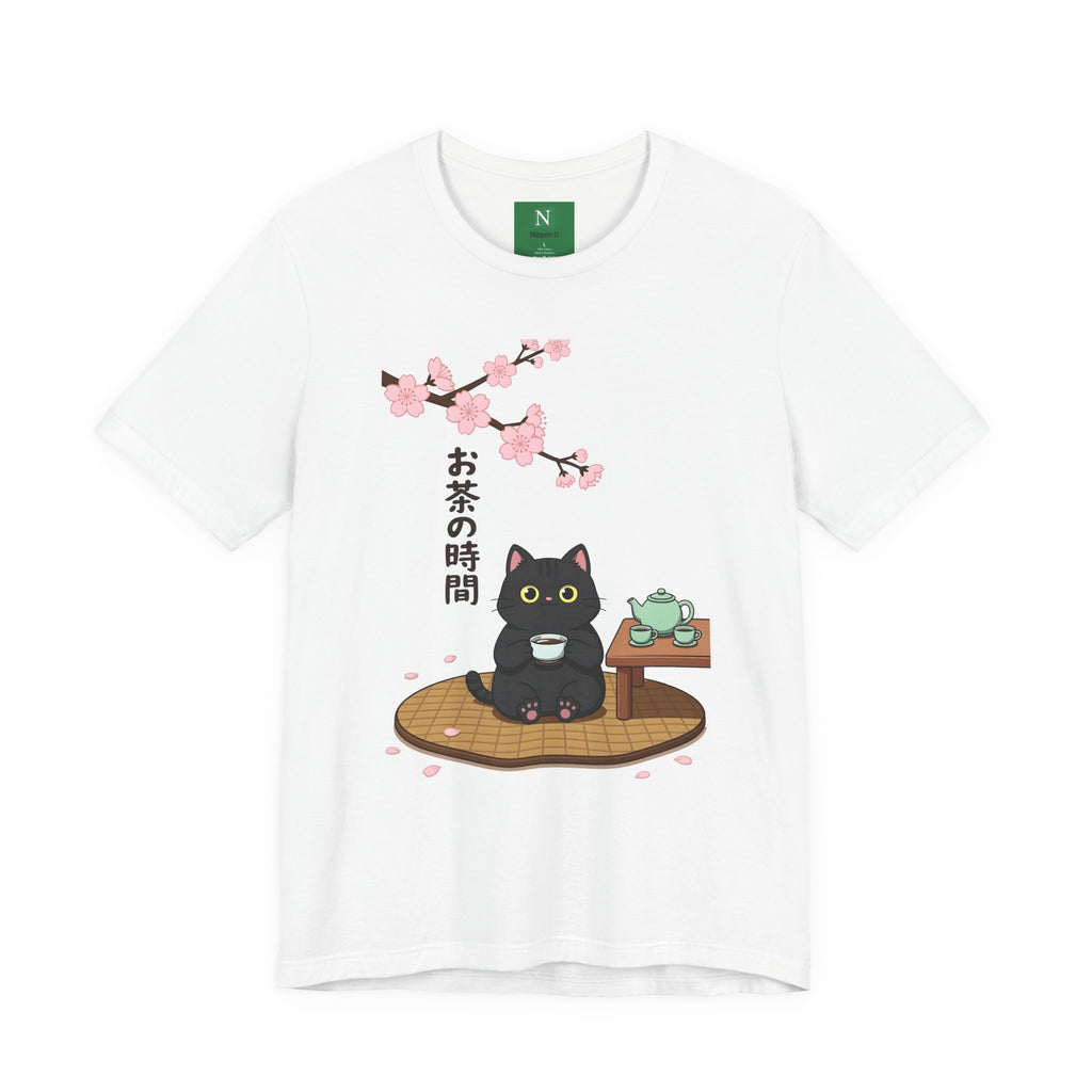Cat Tea Time T-Shirt — Kawaii Black Cat with Sakura and Teapot