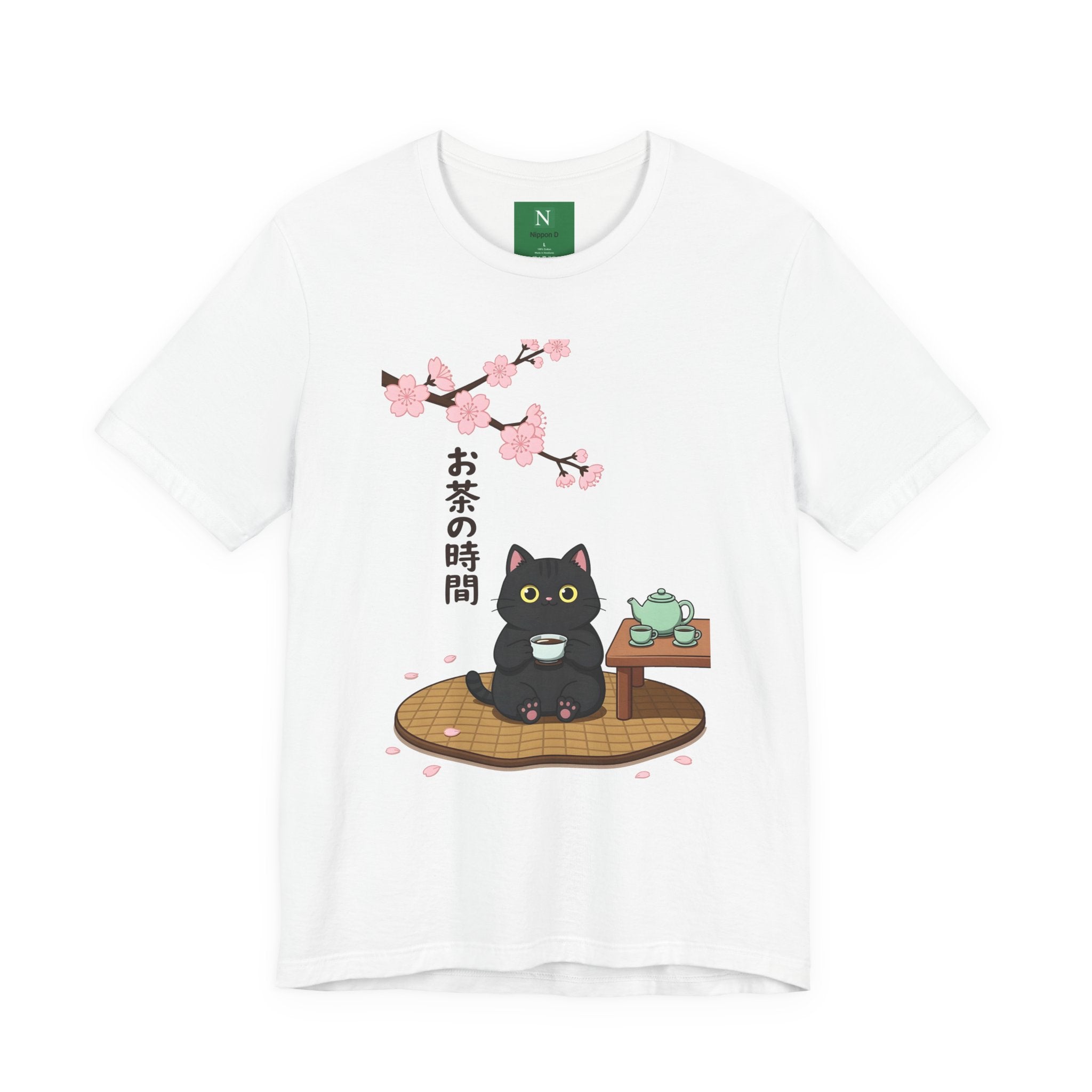 Cat Tea Time T-Shirt — Kawaii Black Cat with Sakura and Teapot