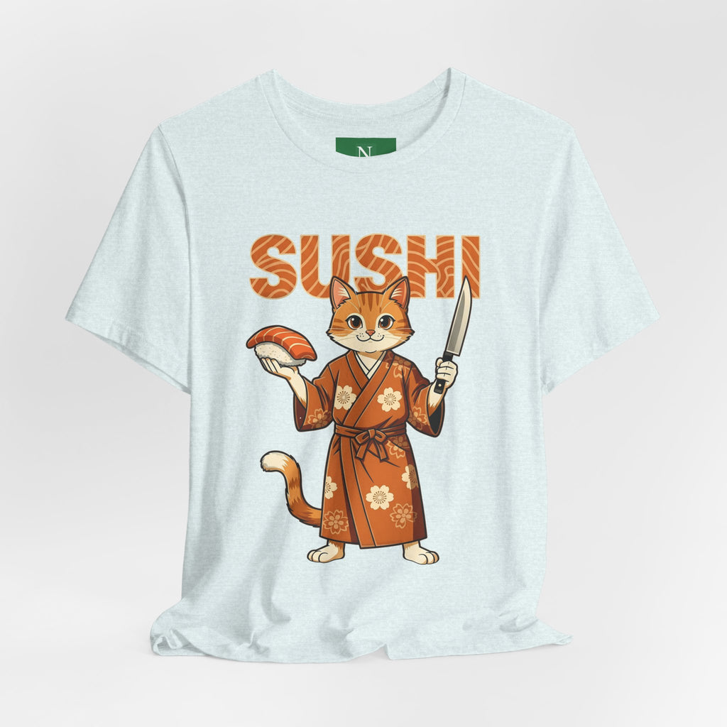 Sushi Cat Graphic Tee — Cute Samurai Cat Holding Sushi & Knife