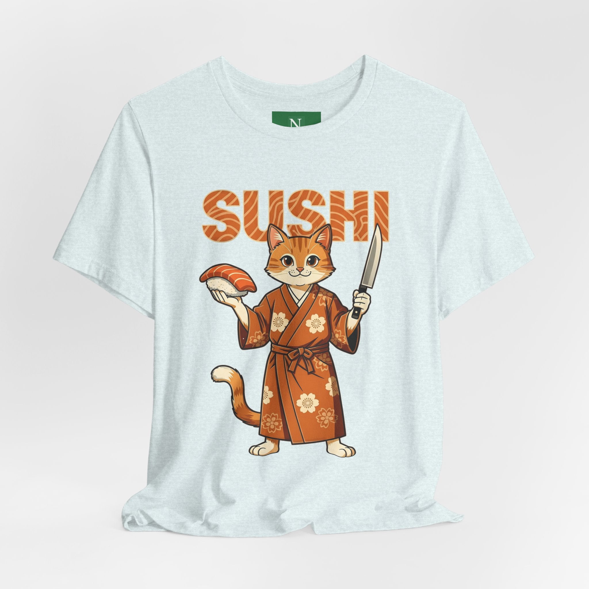 Sushi Cat Graphic Tee — Cute Samurai Cat Holding Sushi & Knife