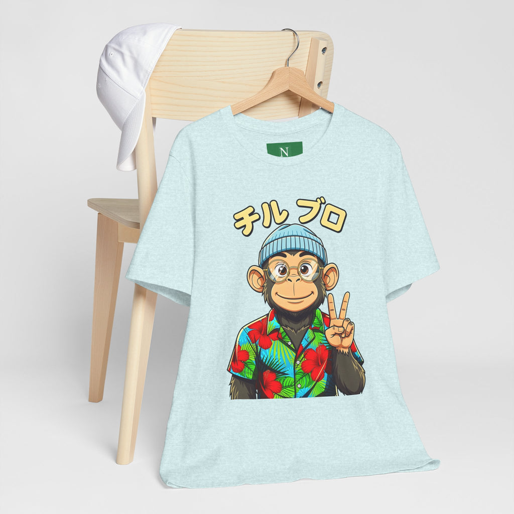 Monkey Peace Sign Tee — Hawaiian Shirt Chimp Graphic with Japanese Text