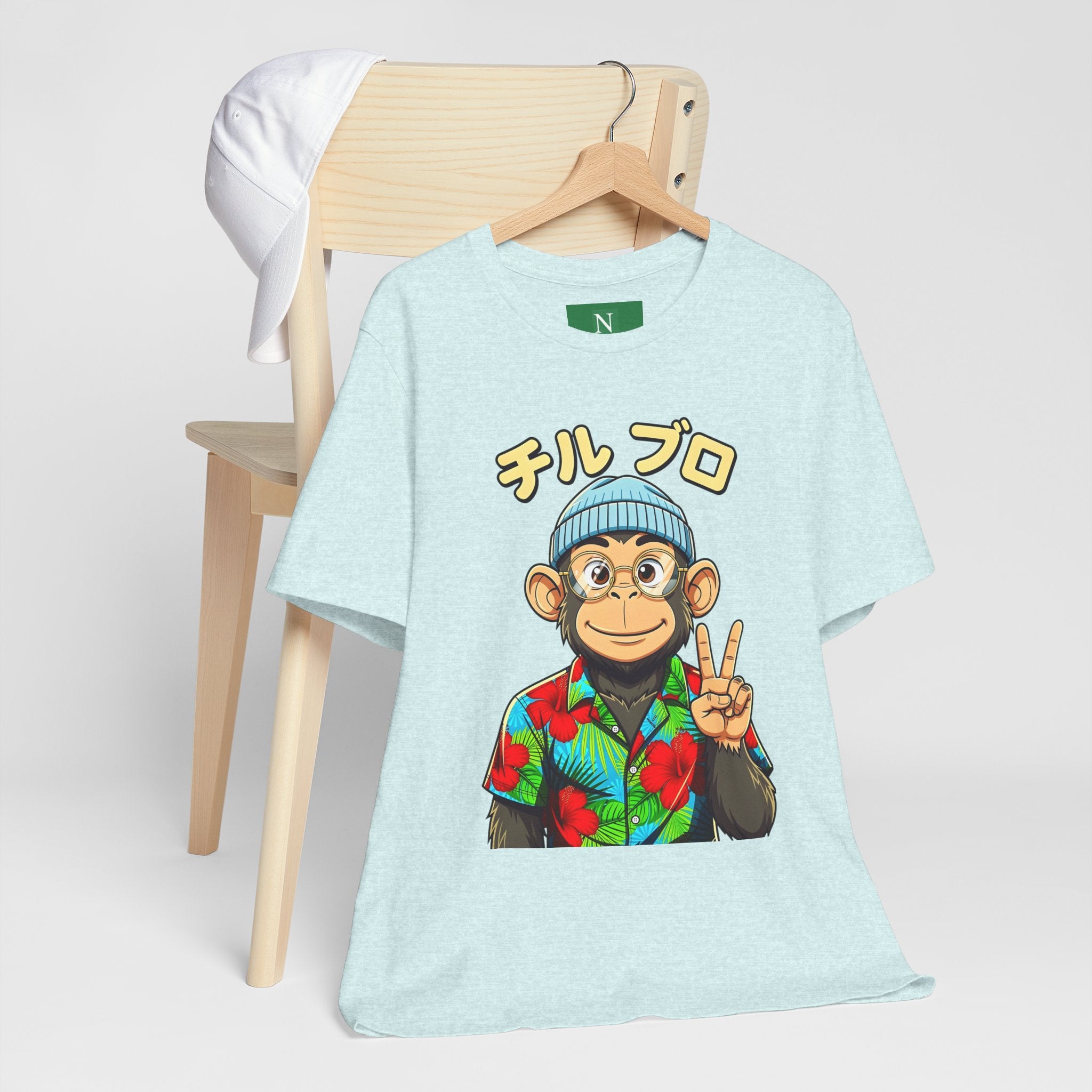 Monkey Peace Sign Tee — Hawaiian Shirt Chimp Graphic with Japanese Text