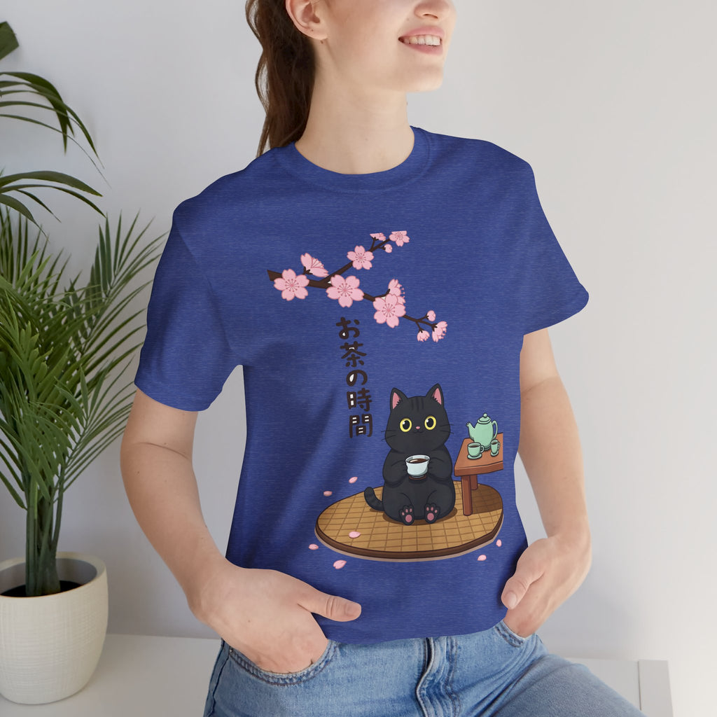 Cat Tea Time T-Shirt — Kawaii Black Cat with Sakura and Teapot