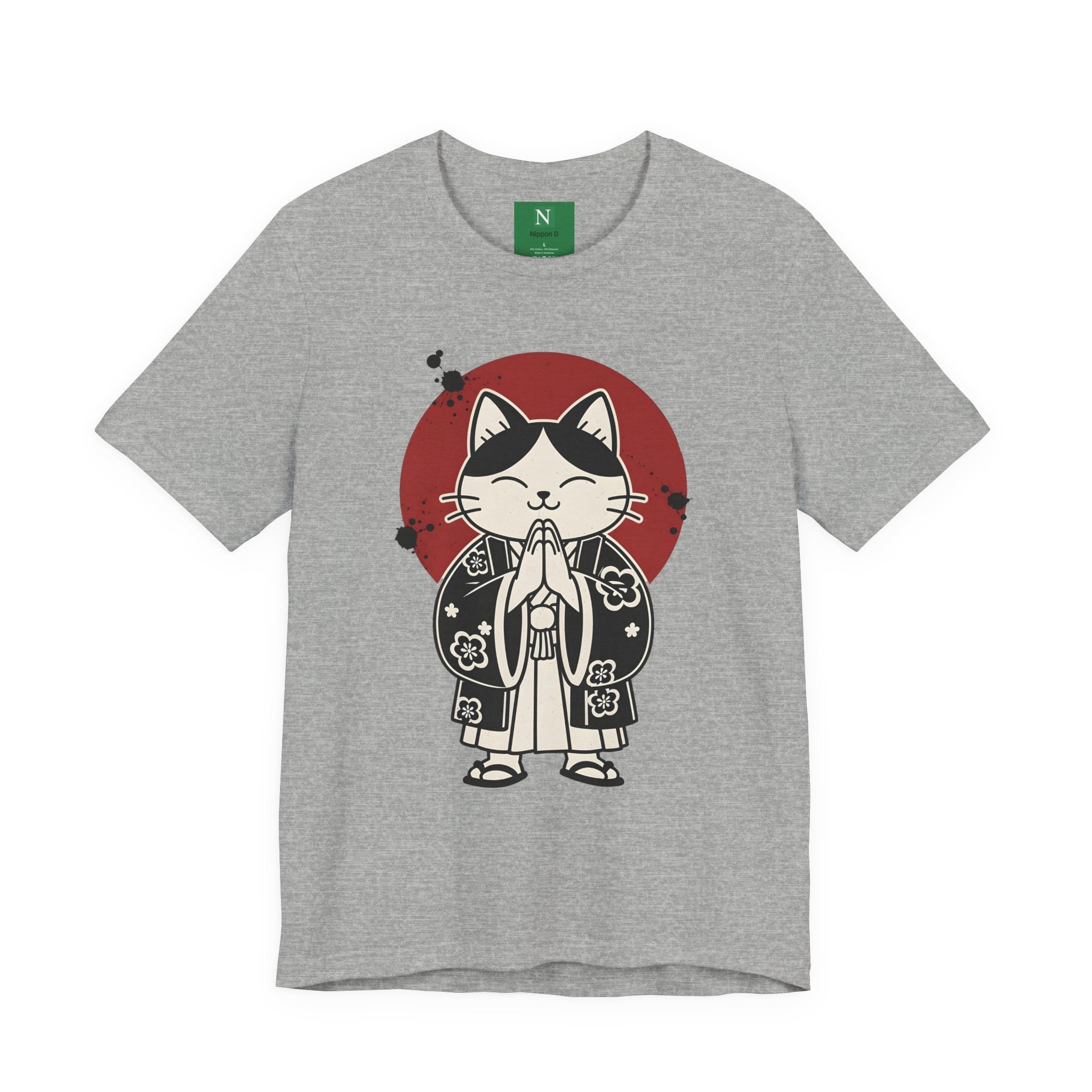 Samurai Cat T‑Shirt — Cute Praying Cat with Red Sun Graphic