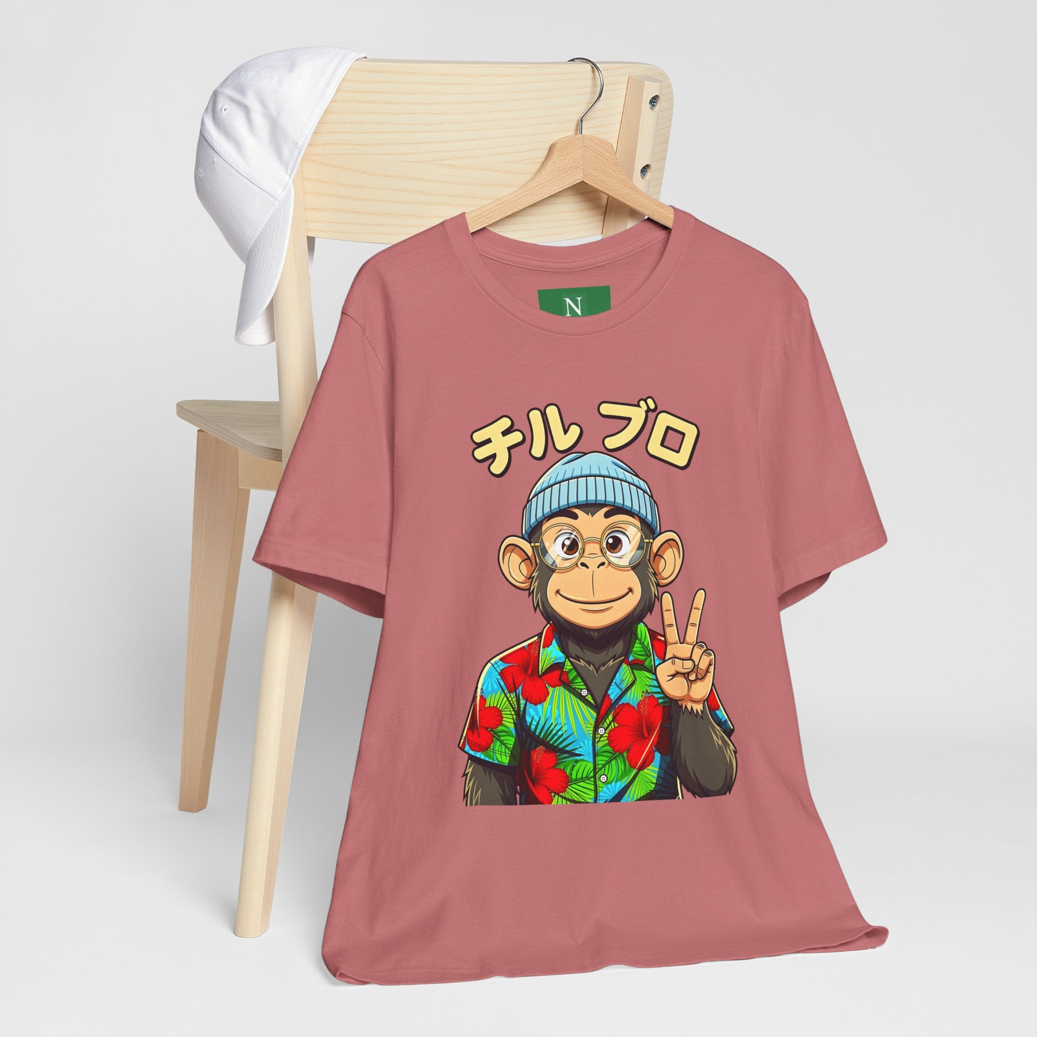 Monkey Peace Sign Tee — Hawaiian Shirt Chimp Graphic with Japanese Text