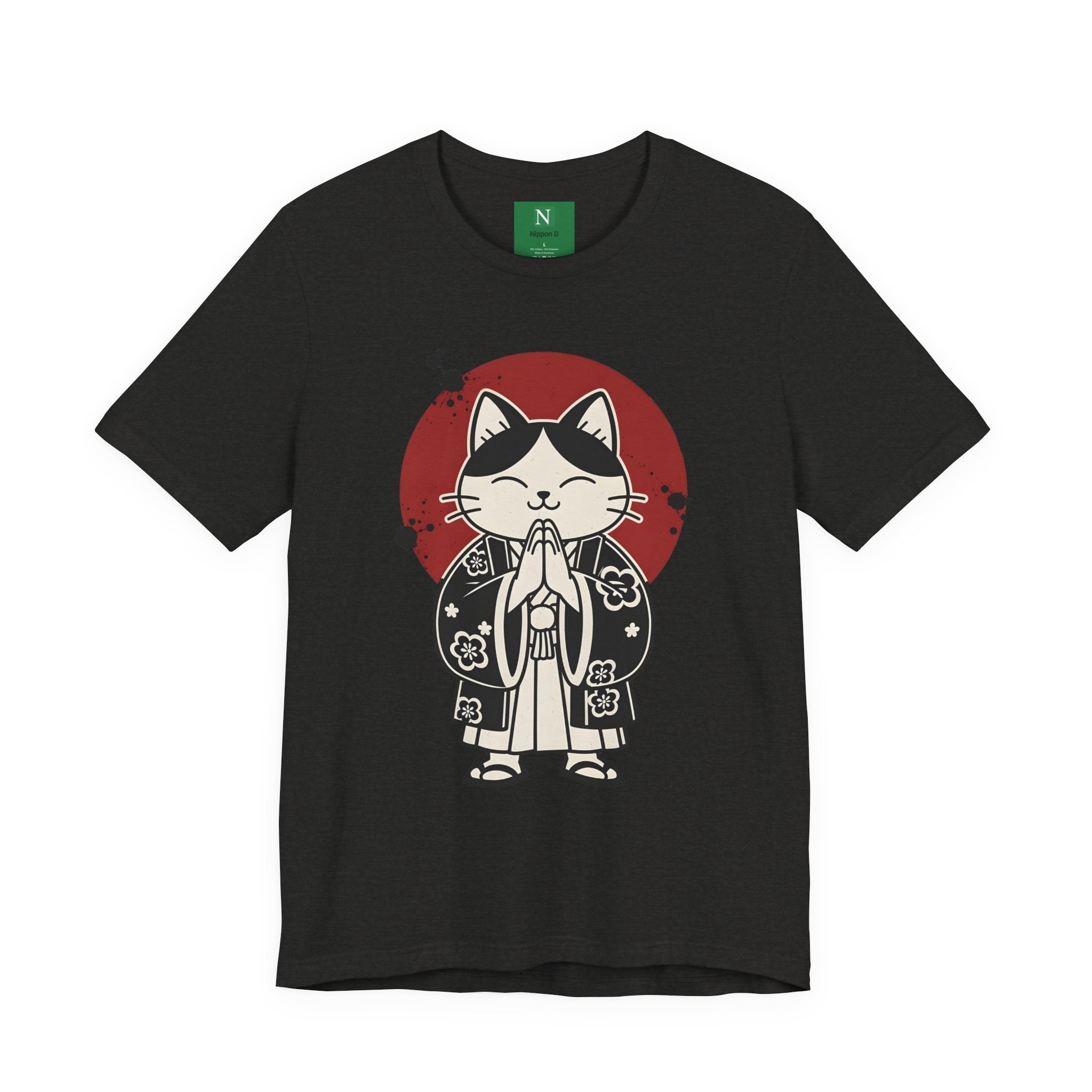 Samurai Cat T‑Shirt — Cute Praying Cat with Red Sun Graphic