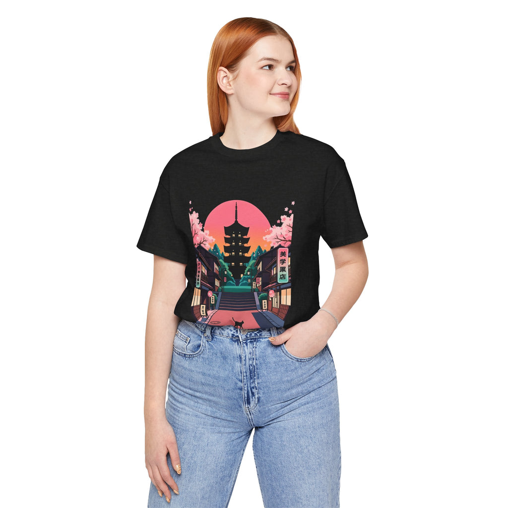 Japanese Pagoda Sunset Tee — Sakura Street Cat Graphic T-Shirt