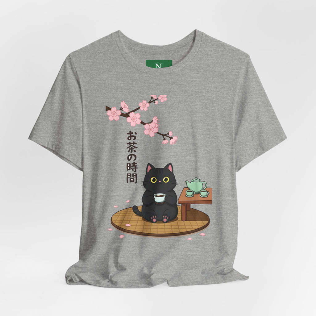 Cat Tea Time T-Shirt — Kawaii Black Cat with Sakura and Teapot