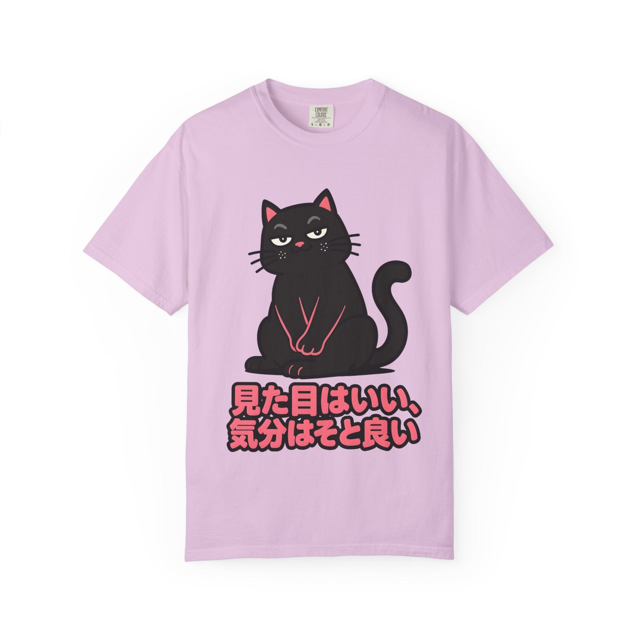 Cat Graphic T-Shirt — Black Cat with Japanese Text (見た目はいい、気分はそと良い)