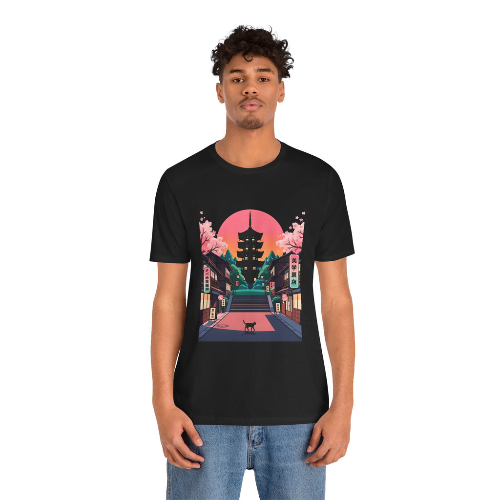 Japanese Pagoda Sunset Tee — Sakura Street Cat Graphic T-Shirt
