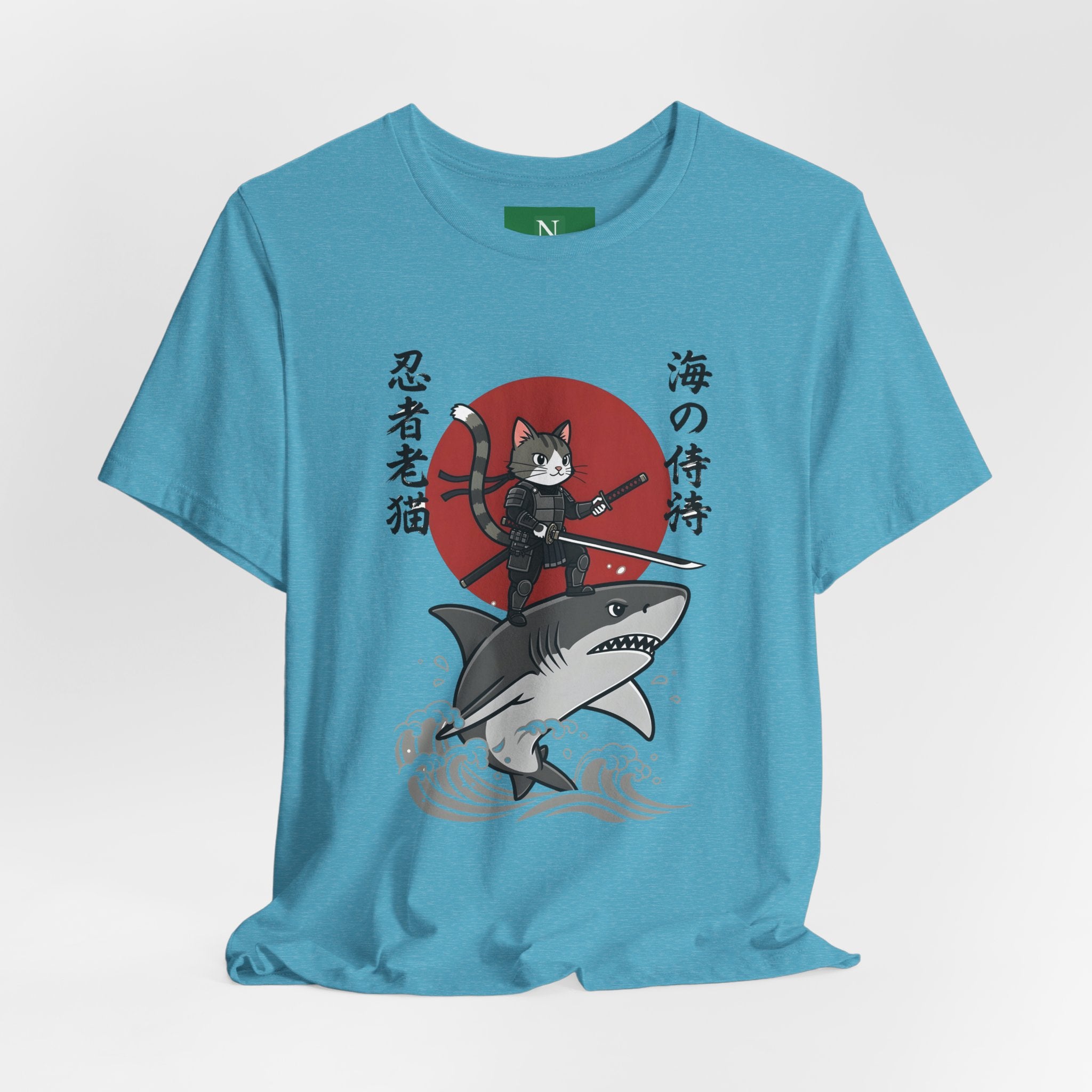 Ninja Cat Riding Shark T‑Shirt — Japanese Samurai Style Graphic Tee