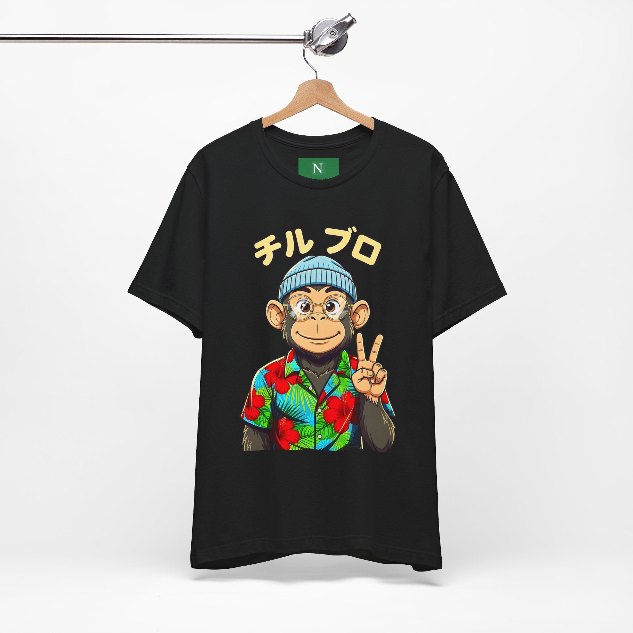 Monkey Peace Sign Tee — Hawaiian Shirt Chimp Graphic with Japanese Text