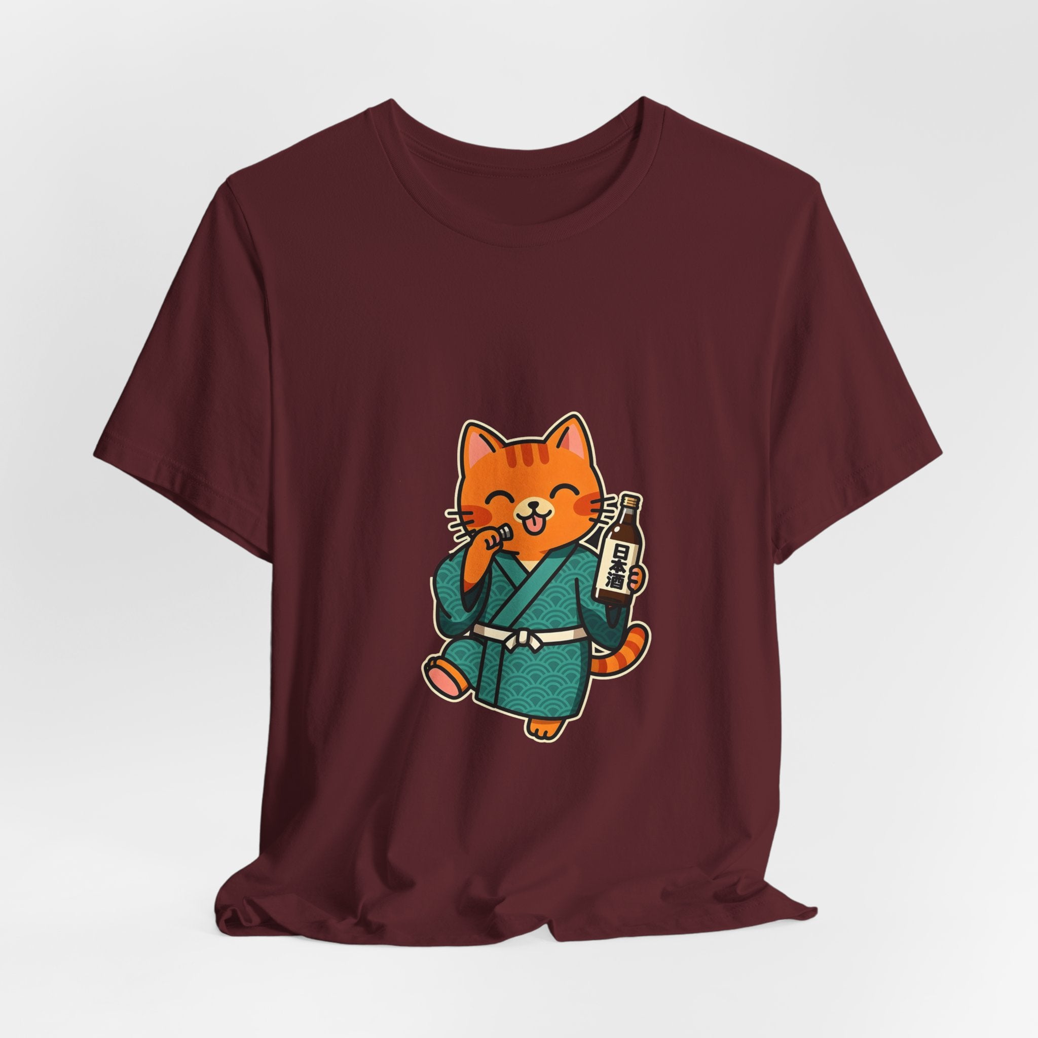 Sake Cat Tee — Cute Orange Cat in Kimono Drinking Sake T-Shirt