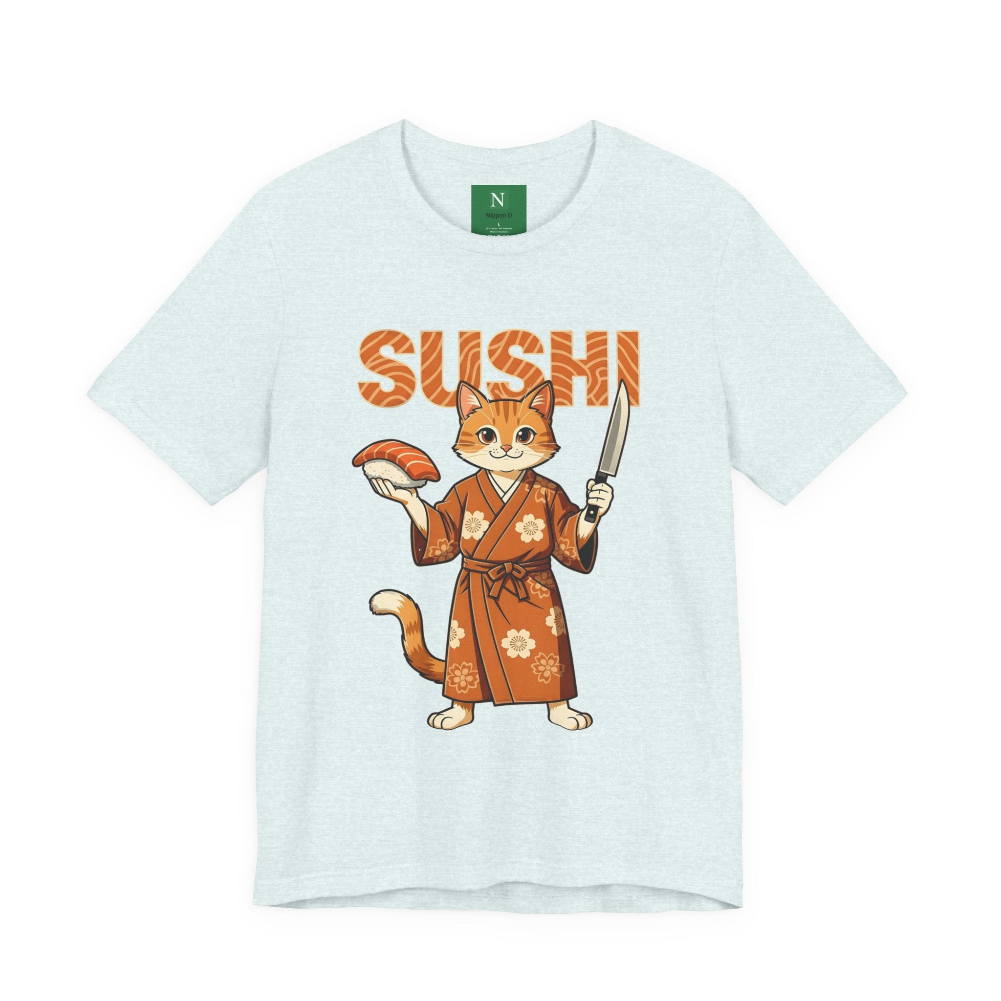 Sushi Cat Graphic Tee — Cute Samurai Cat Holding Sushi & Knife