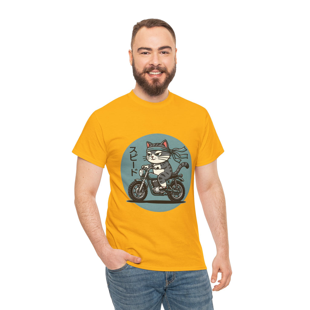 Cat Biker T‑Shirt — Retro Motorcycle Cat with Japanese “Speed” Text