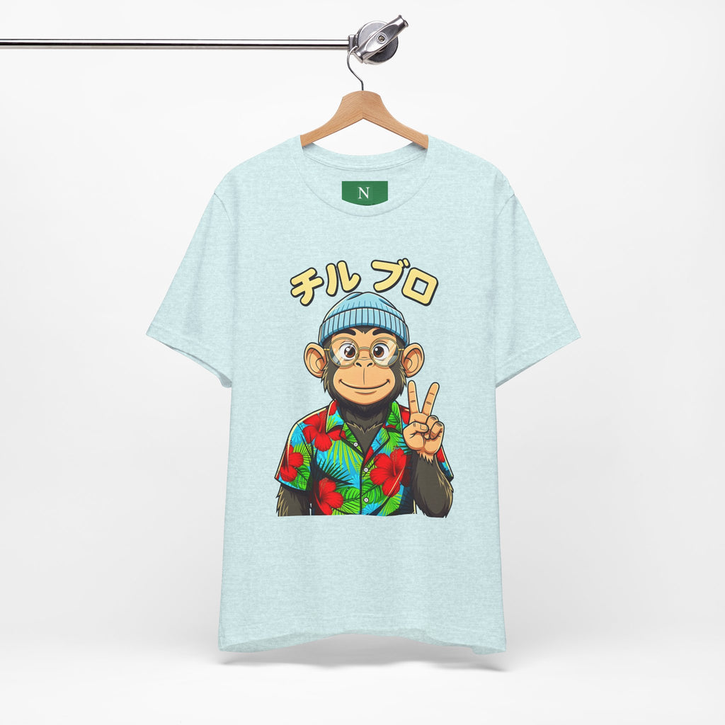 Monkey Peace Sign Tee — Hawaiian Shirt Chimp Graphic with Japanese Text