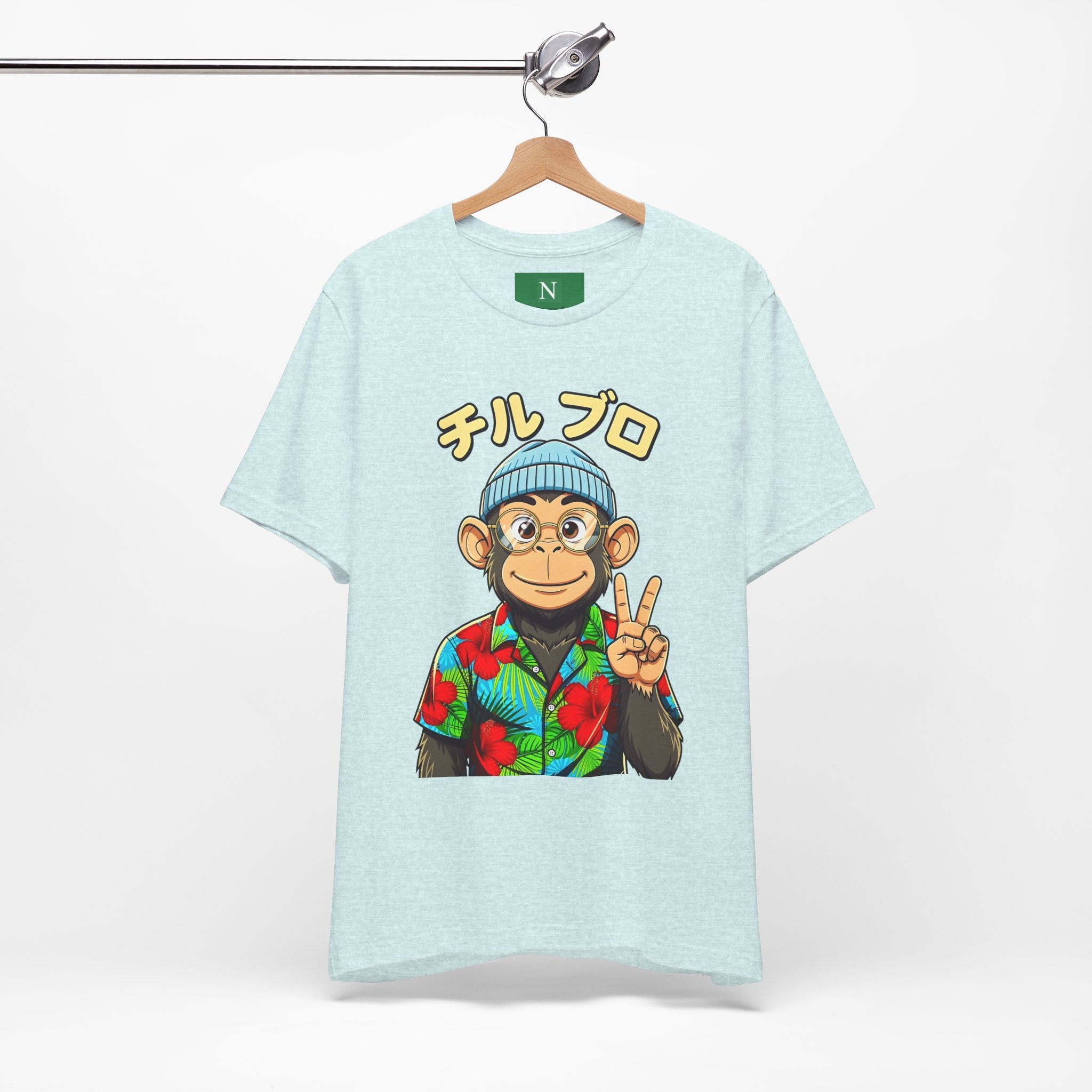 Monkey Peace Sign Tee — Hawaiian Shirt Chimp Graphic with Japanese Text