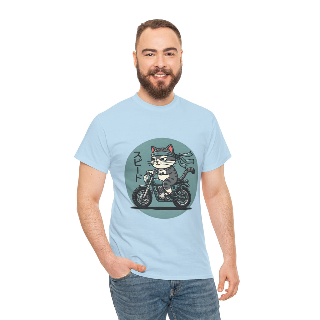 Cat Biker T‑Shirt — Retro Motorcycle Cat with Japanese “Speed” Text