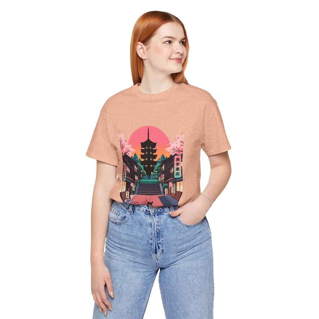 Japanese Pagoda Sunset Tee — Sakura Street Cat Graphic T-Shirt