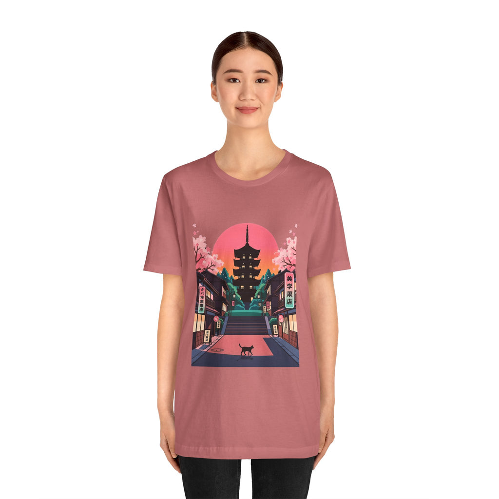 Japanese Pagoda Sunset Tee — Sakura Street Cat Graphic T-Shirt