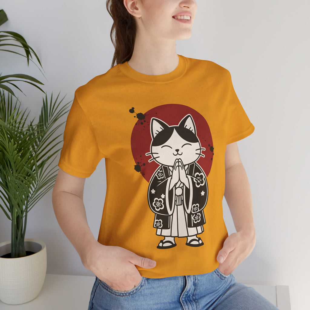 Samurai Cat T‑Shirt — Cute Praying Cat with Red Sun Graphic