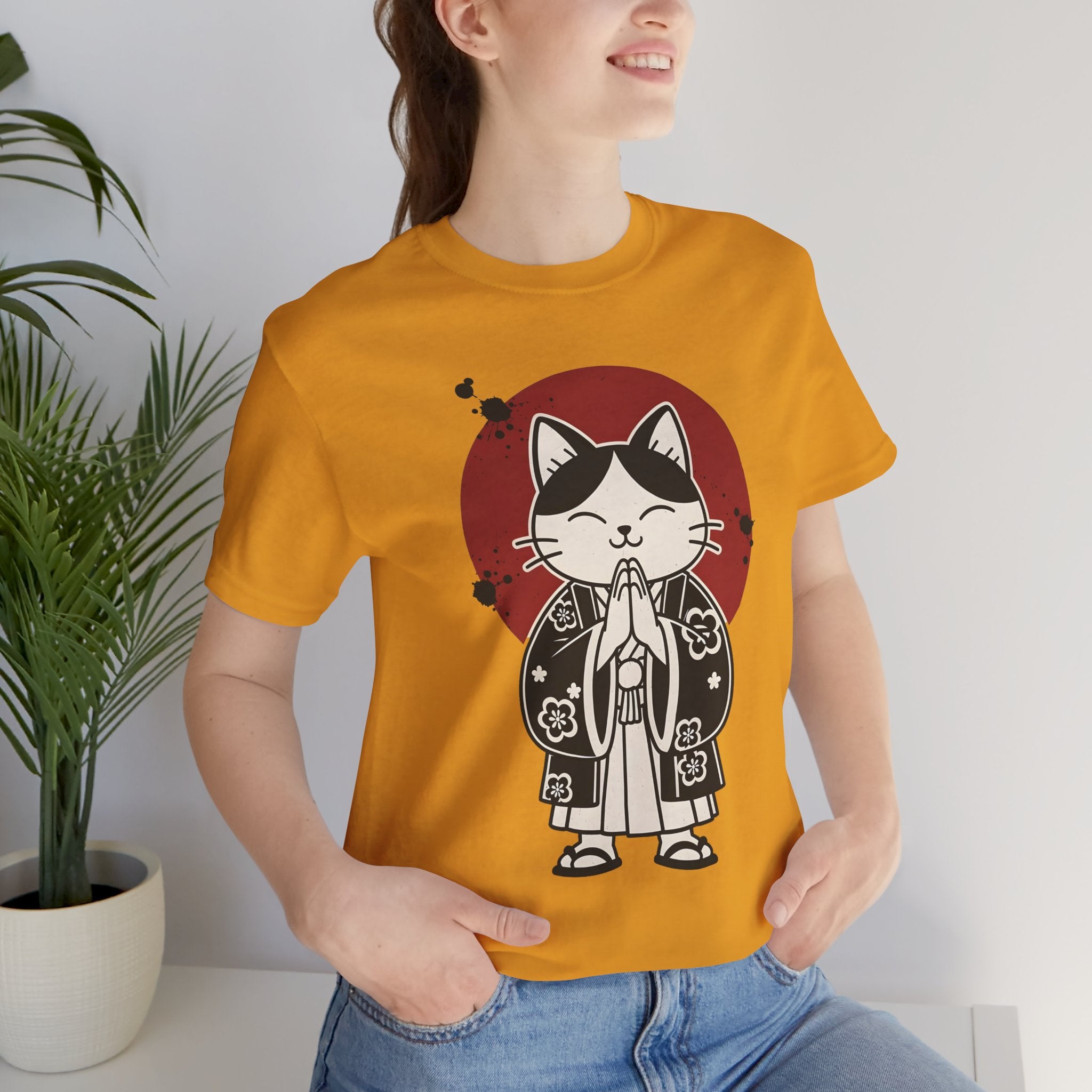 Samurai Cat T‑Shirt — Cute Praying Cat with Red Sun Graphic