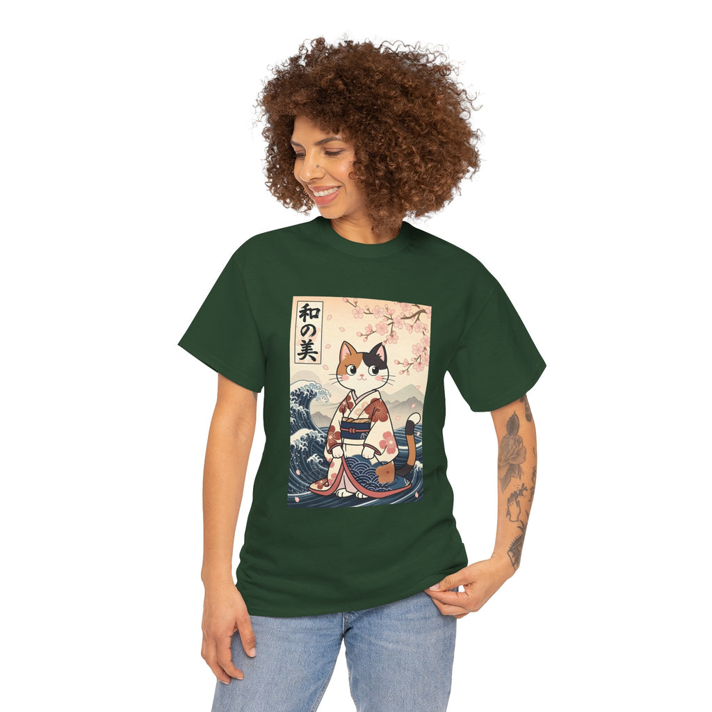 Cat Ukiyo-e T-Shirt — Vintage Japanese Kimono Cat with Cherry Blossoms