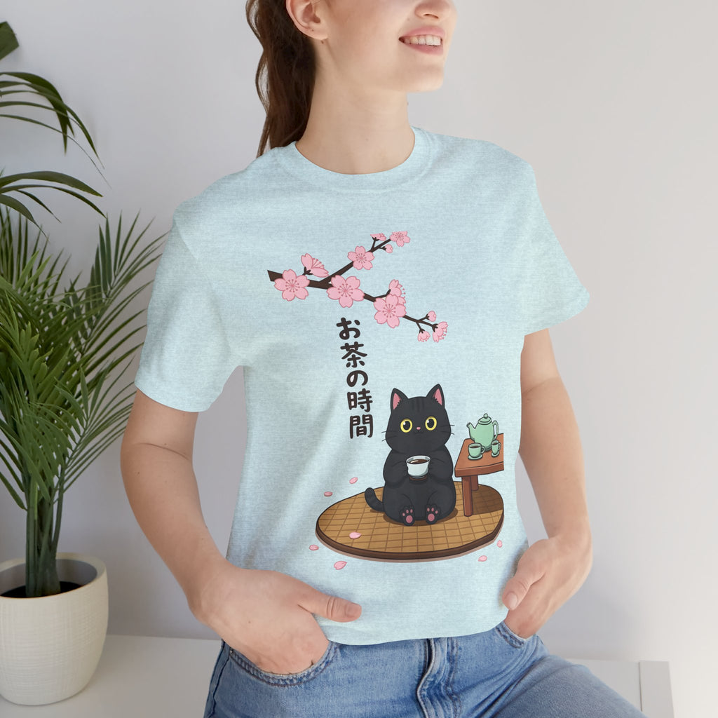 Cat Tea Time T-Shirt — Kawaii Black Cat with Sakura and Teapot